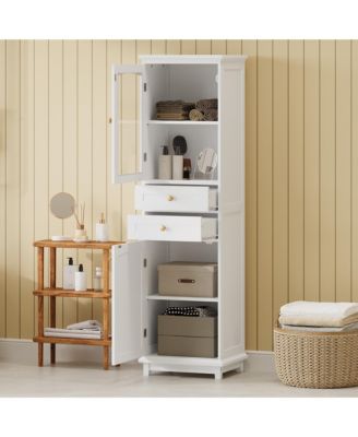 63" MDF Tall Bathroom Storage Cabinet with Glass Doors, Drawers and Adjustable Shelves