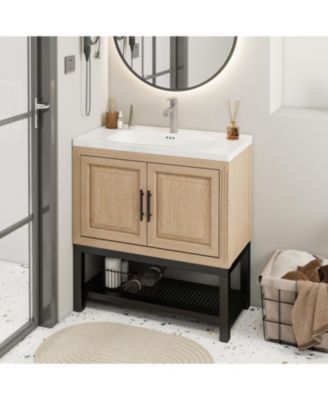 24" Bathroom Vanity with White Ceramic Sink & Faucet,Freestanding Bathroom Cabinet with 2 Storage Doors and Open iron Shelf
