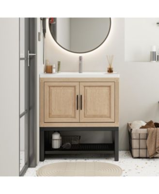 24" Bathroom Vanity with White Ceramic Sink & Faucet,Freestanding Bathroom Cabinet with 2 Storage Doors and Open iron Shelf
