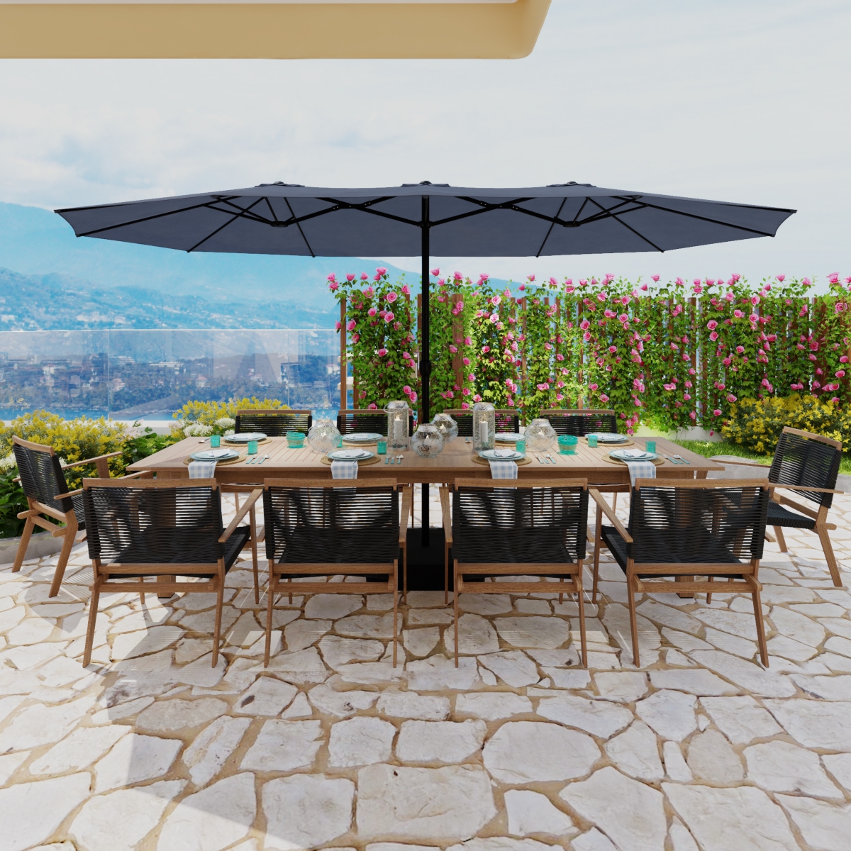 15 ft. Large Market Double Sided Umbrella Outdoor Patio Umbrella in Blue with Crank Handle, for Poolside Lawn Garden - Beige