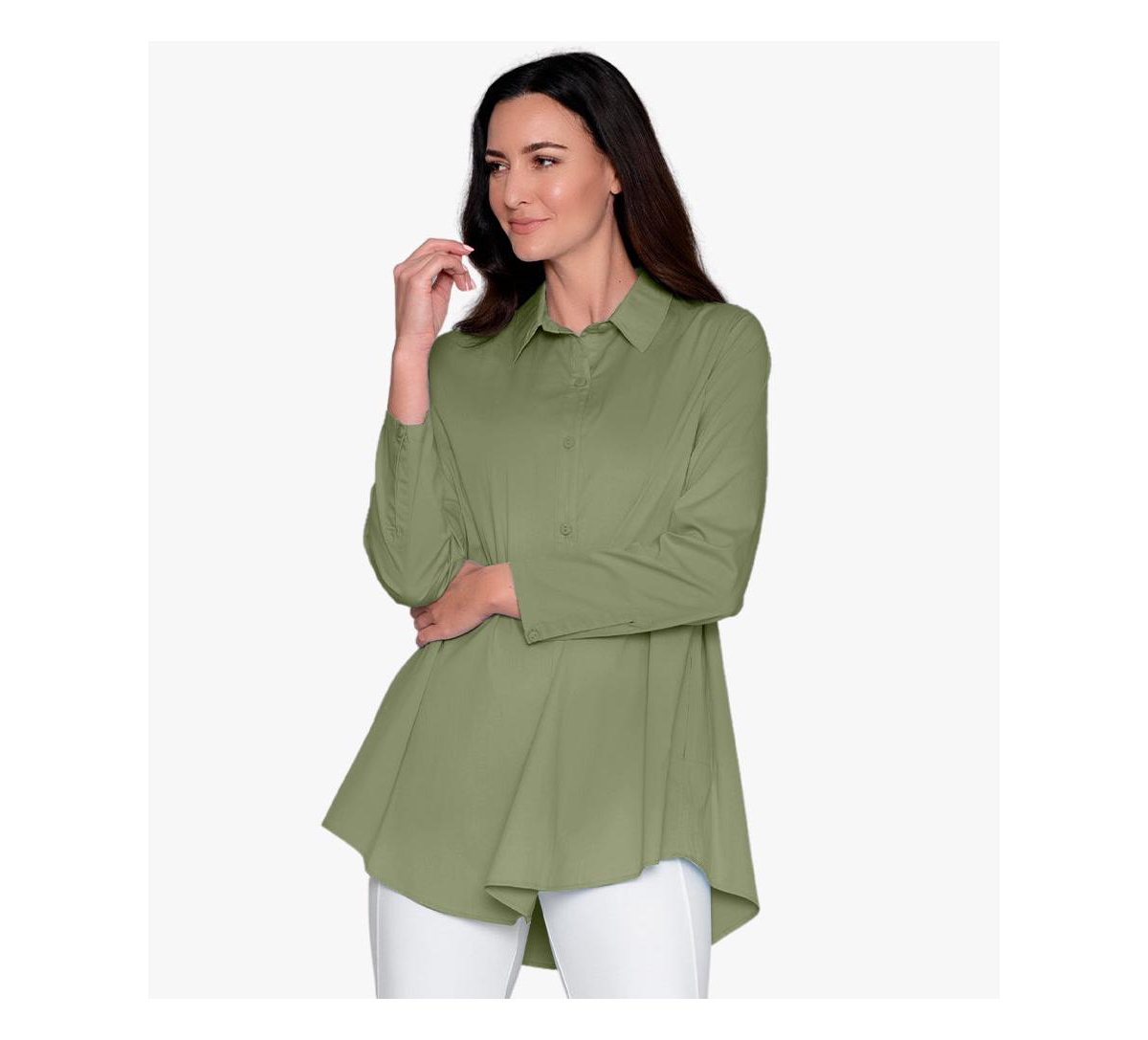 Women's Cotton Poplin Button-Front A-Line Shirt Top Prime Time Tunic - Crocus