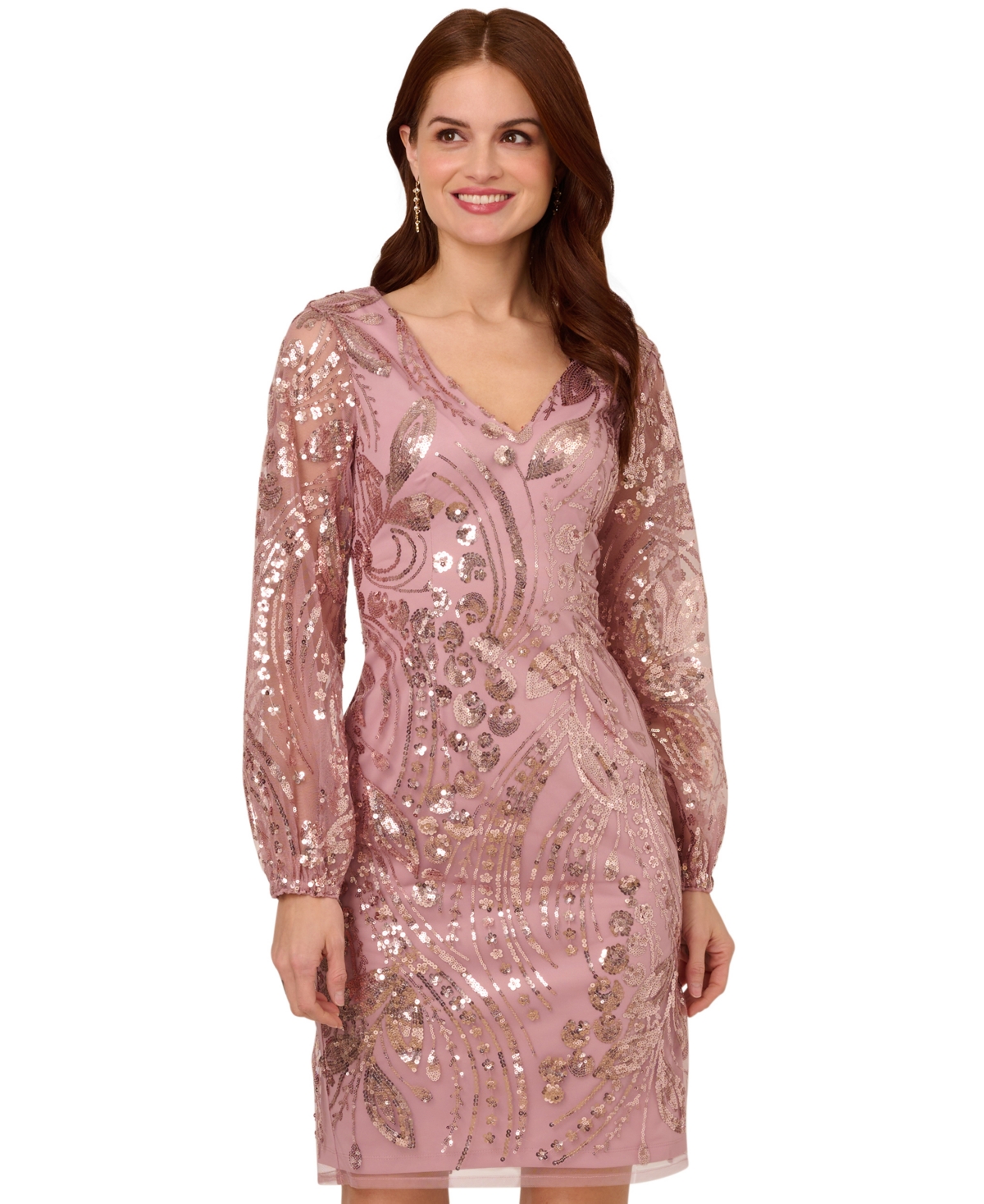 ADRIANNA PAPELL WOMEN'S SEQUIN EMBELLISHED BLOUSON-SLEEVE SHEATH DRESS 