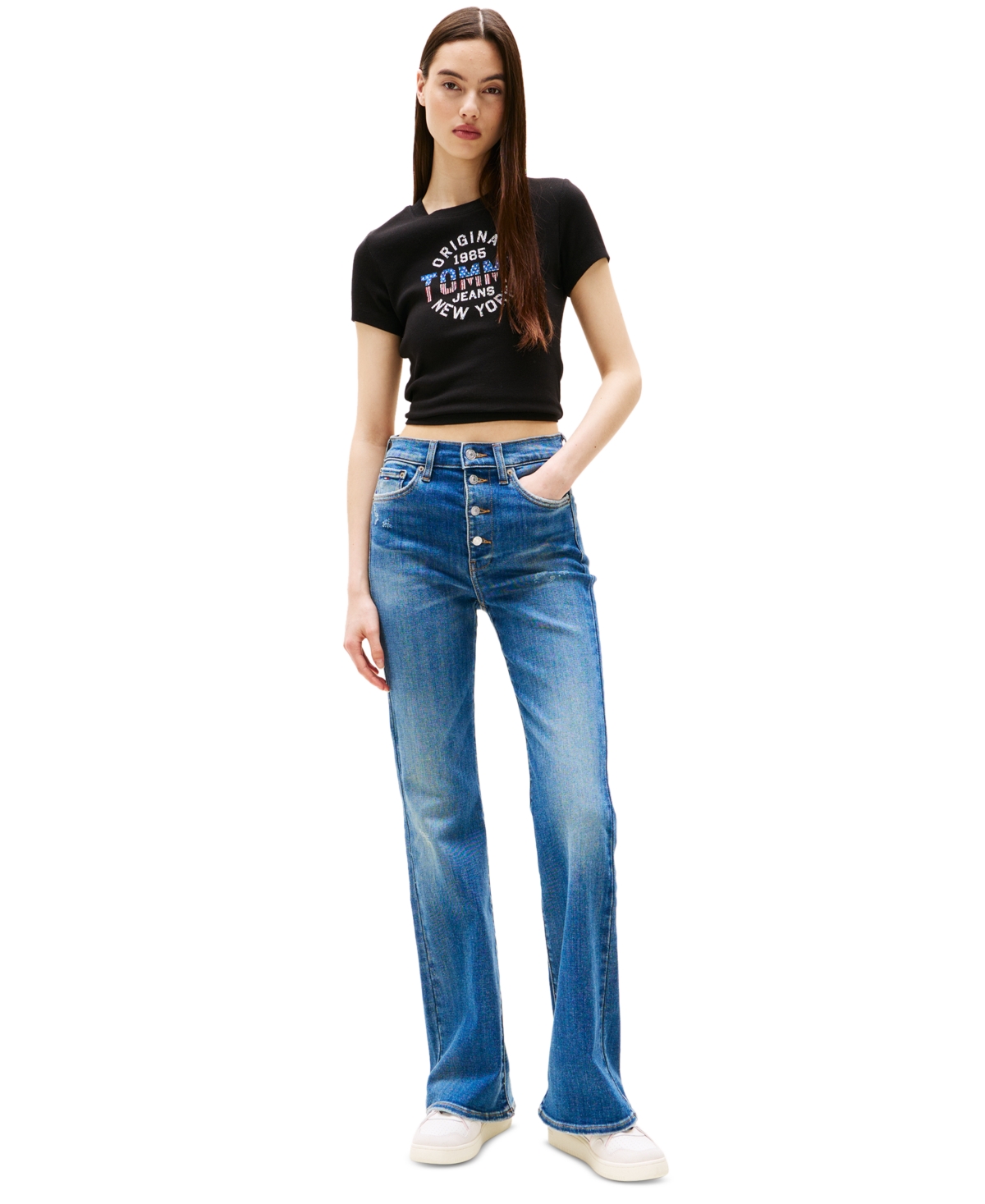 Tommy Jeans Women's Slim-fit Ribbed Americana Graphic T-shirt In Black