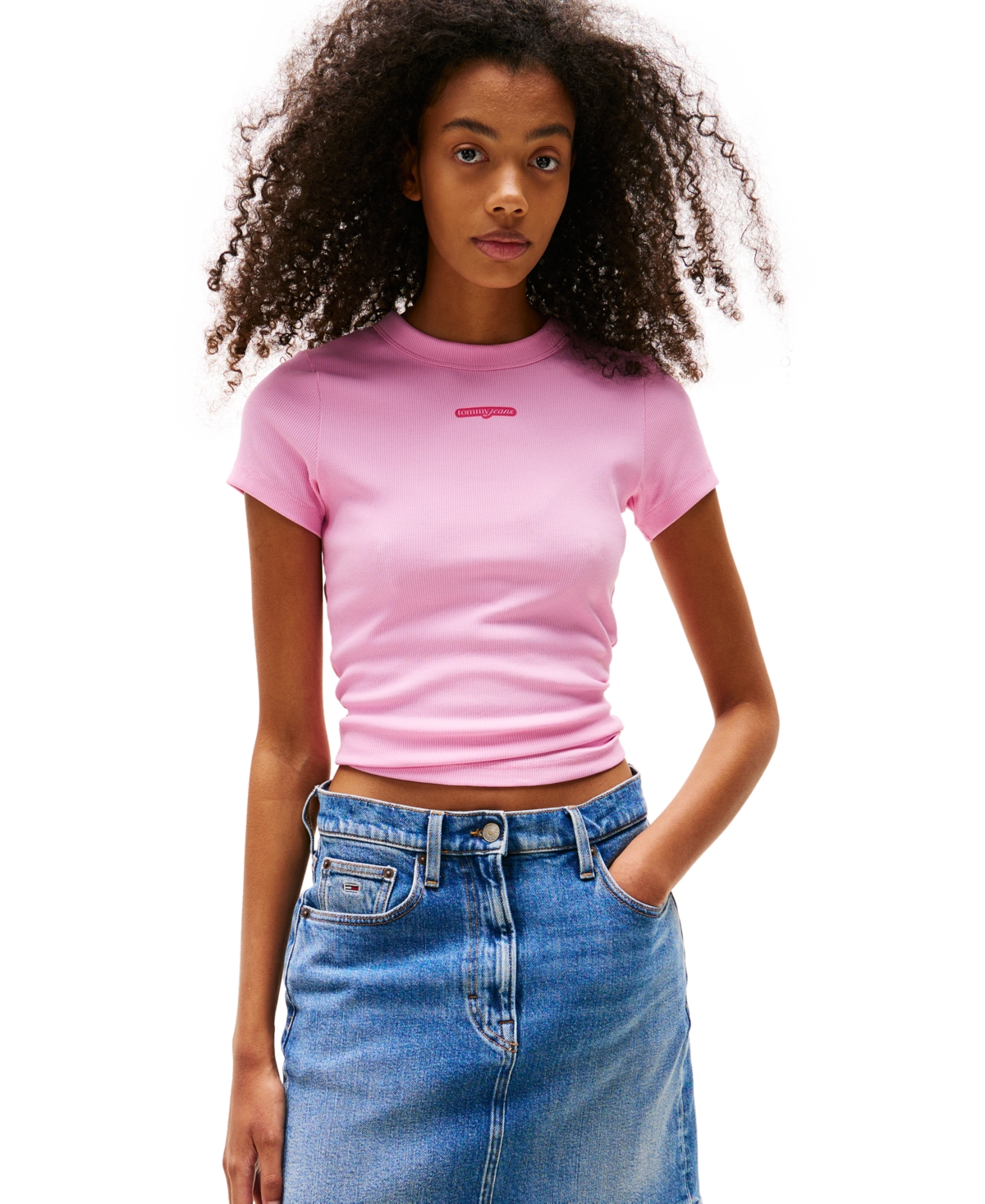 Tommy Jeans Women's Slim-fit Ribbed Script-label T-shirt In Carnival Pink