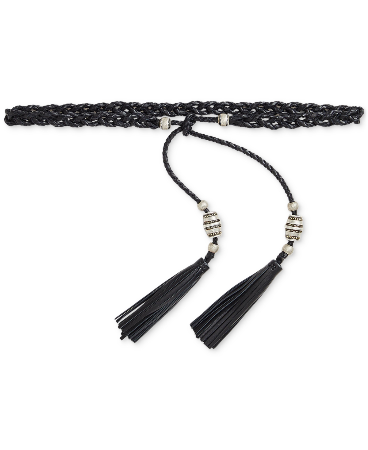Braided Leather Tassel-Tie Belt - Black