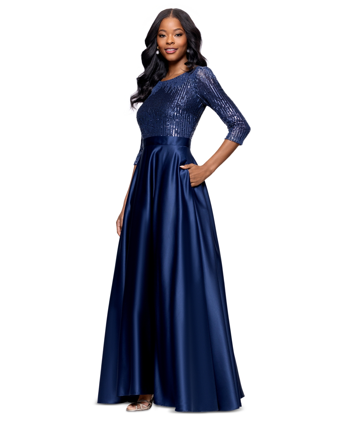 Shop Betsy & Adam Petite Embellished Satin Gown In Navy