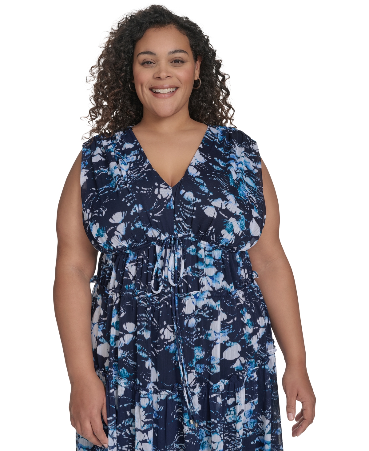 Dkny Plus Size Printed Empire Maxi Dress In Indigo Multi