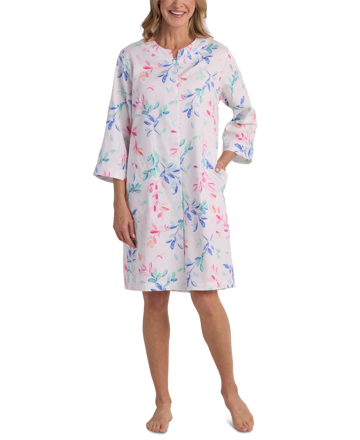 Women's Cotton 3/4-Sleeve Gripper Robe - Watercolor Leaves