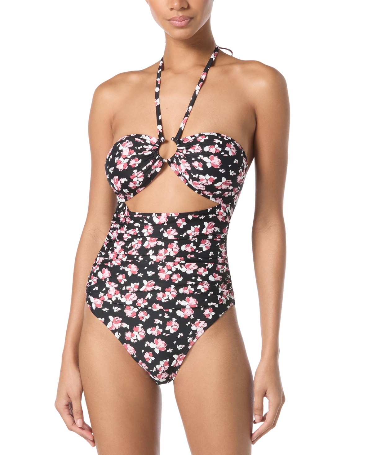 Michael Michael Kors Women's Printed Bandeau Cut Out One-Piece Swimsuit - Dark Dusty Rose