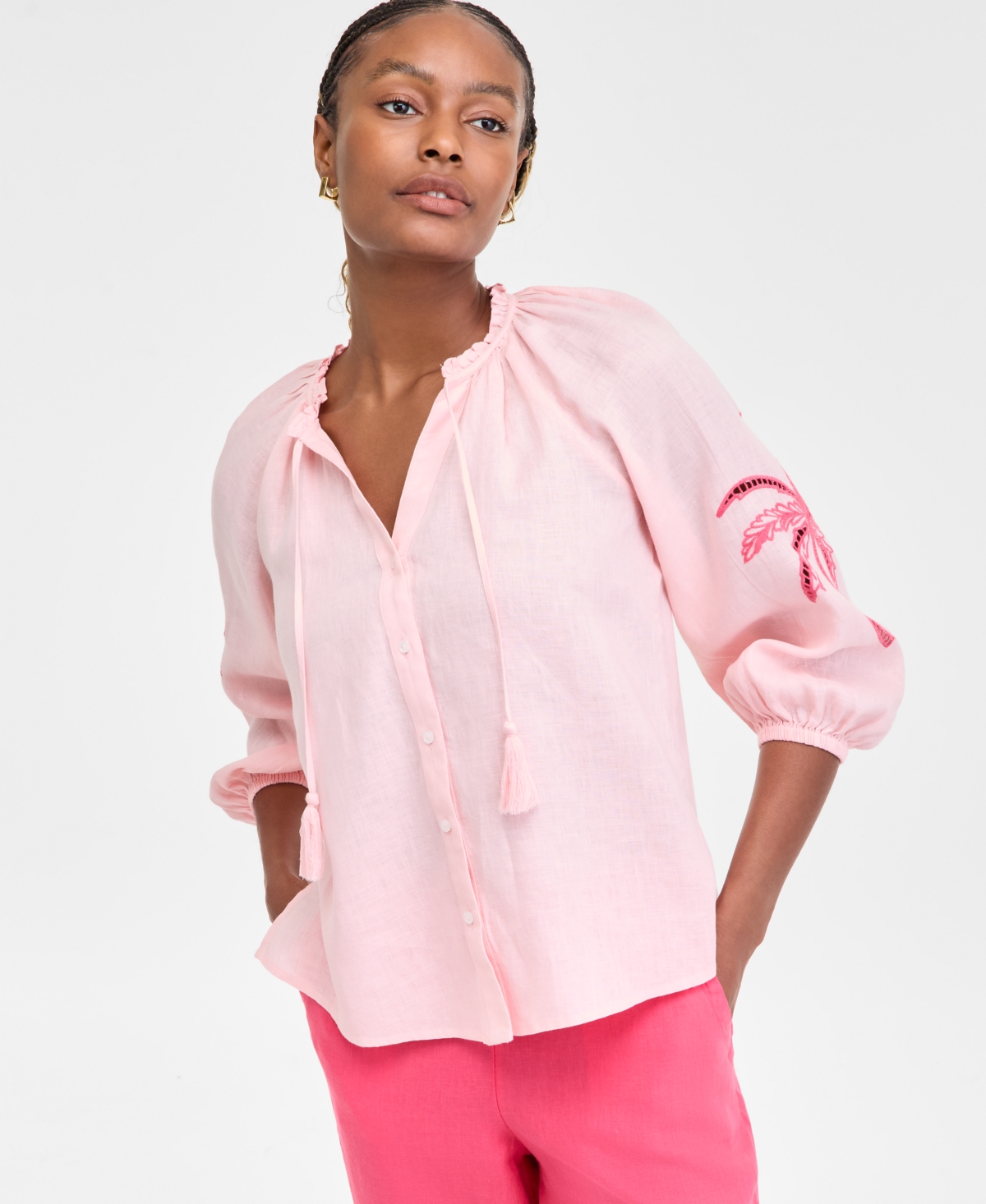 Women's Embroidered 100% Linen Top, Exclusively at Macy's - Warm Blush