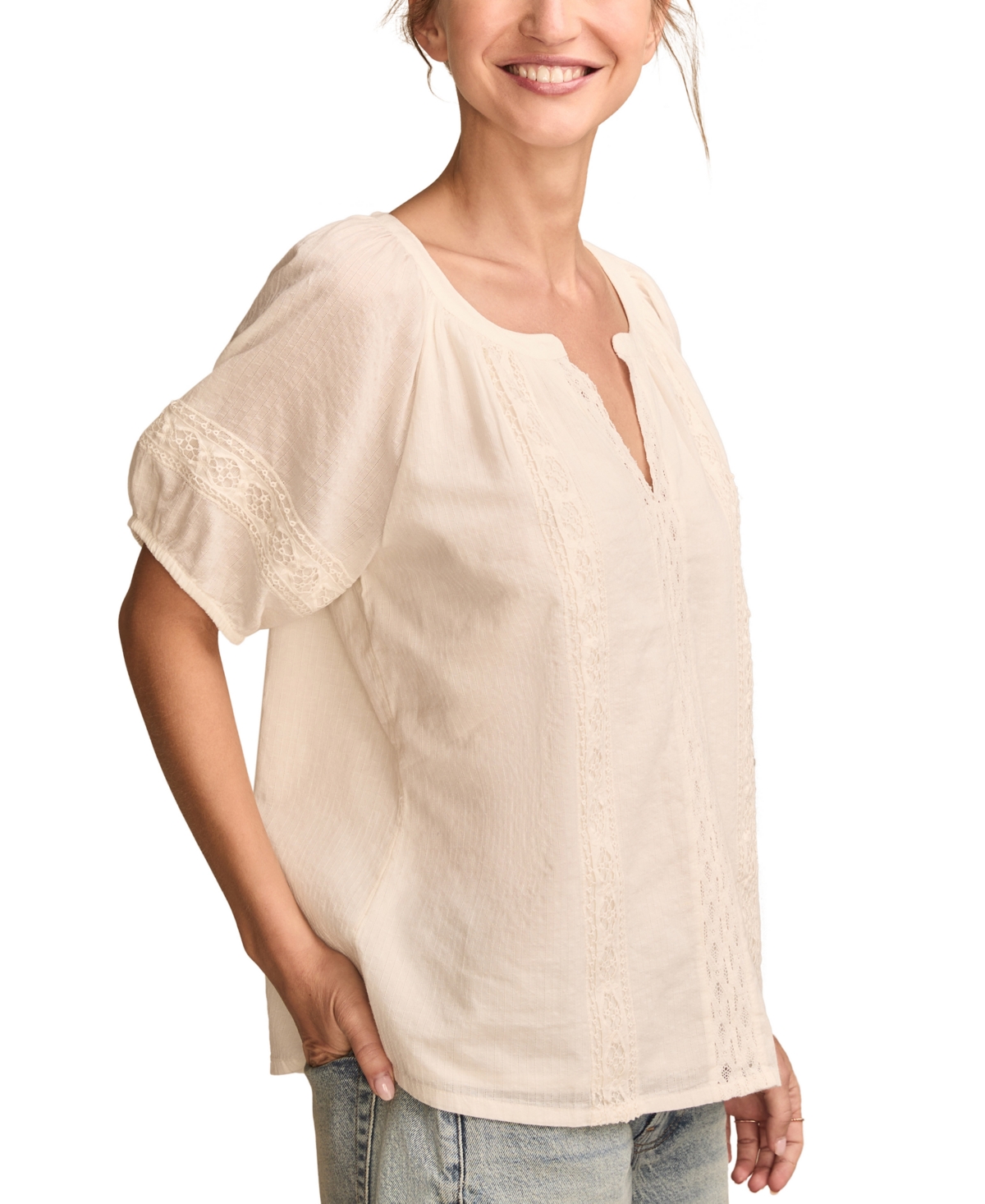 LUCKY BRAND WOMEN'S COTTON LACE INSET SHORT-SLEEVE PEASANT BLOUSE 