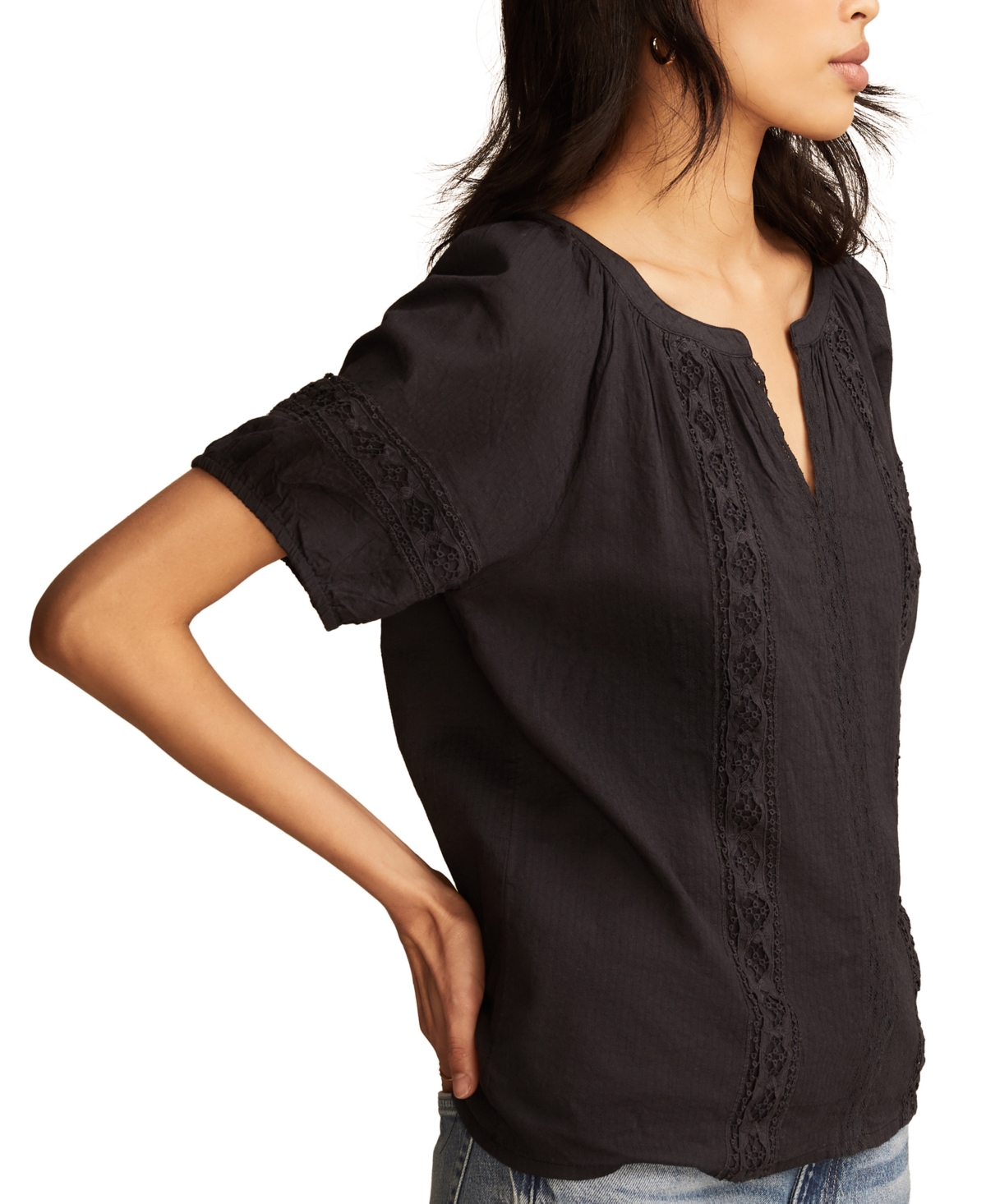 LUCKY BRAND WOMEN'S COTTON LACE INSET SHORT-SLEEVE PEASANT BLOUSE 