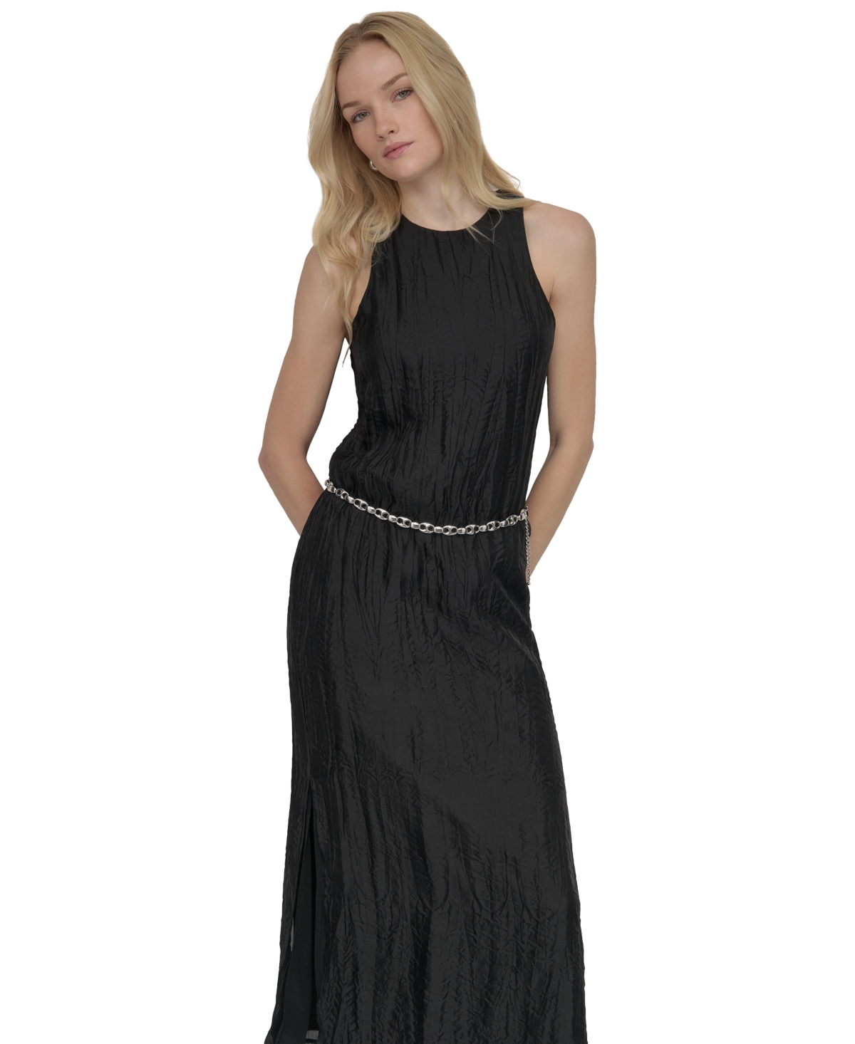 DKNY WOMEN'S CHAIN-BELT SLEEVELESS MIDI DRESS 
