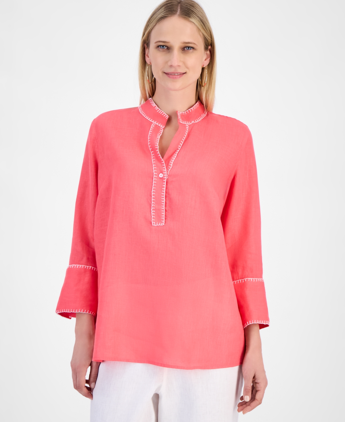 Women's 100% Linen 3/4-Sleeve Stitched Top, Exclusively at Macy's - Coral Flash
