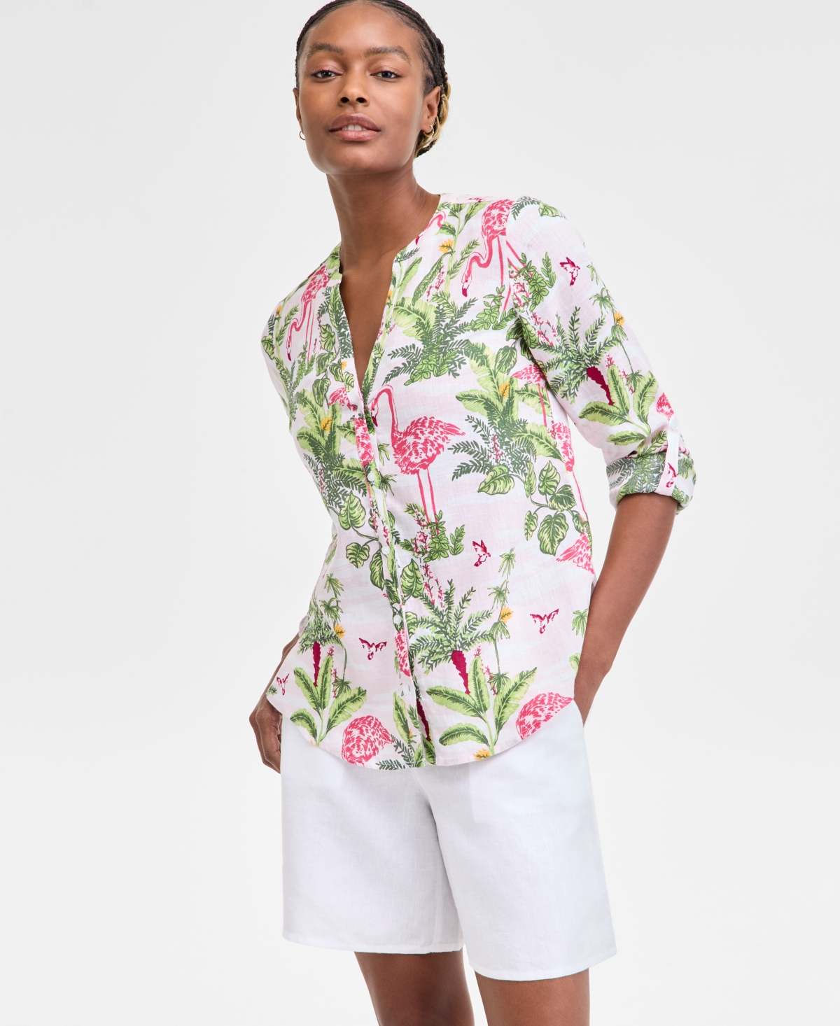 CHARTER CLUB WOMEN'S 100% LINEN PALM PRINT ROLL-TAB SHIRT, EXCLUSIVELY AT MACY'S 