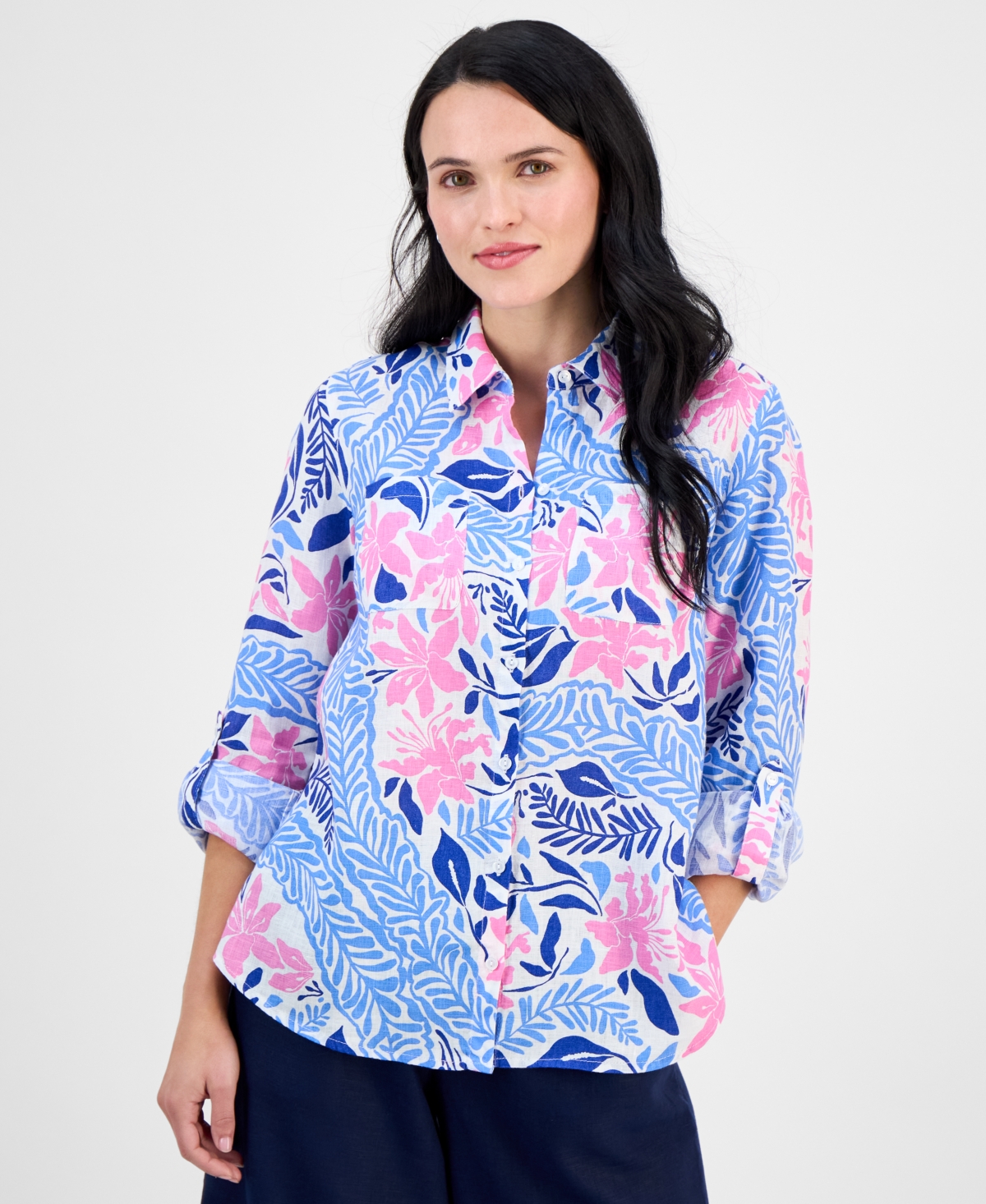 CHARTER CLUB PLUS SIZE PRINTED FLORAL LINEN SHIRT, EXCLUSIVELY AT MACY'S 