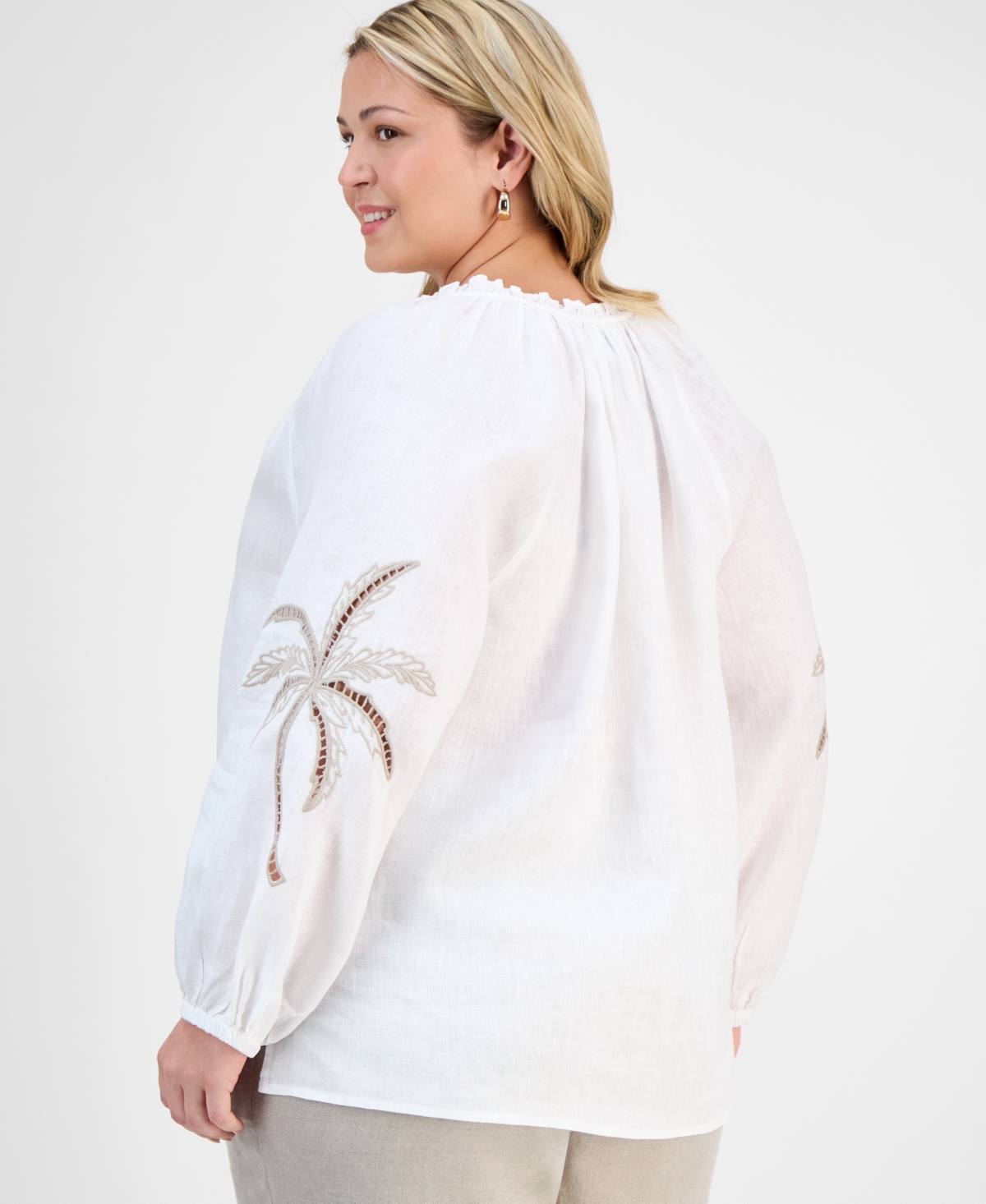 CHARTER CLUB PLUS SIZE EMBROIDERED-PALM LINEN TOP, EXCLUSIVELY AT MACY'S 
