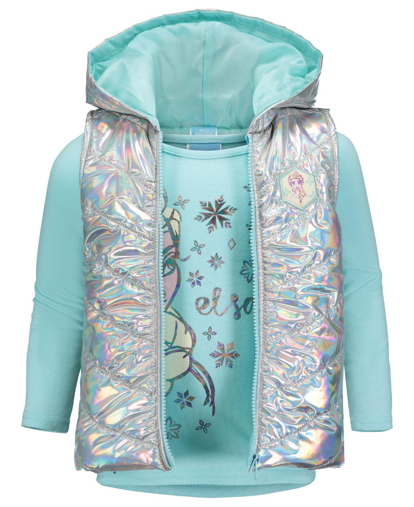 Комплект Frozen Zip Up Vest T-Shirt and Leggings 3 Piece Outfit Set для девочек, цвет: Аквамариновый / Серый — фото 3