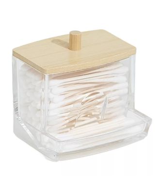 Clear Cotton Swab Dispenser with Bamboo Lid—Acrylic Qtips Dispenser, Easy-Access, Cotton Swab and Cotton Ball Holder
