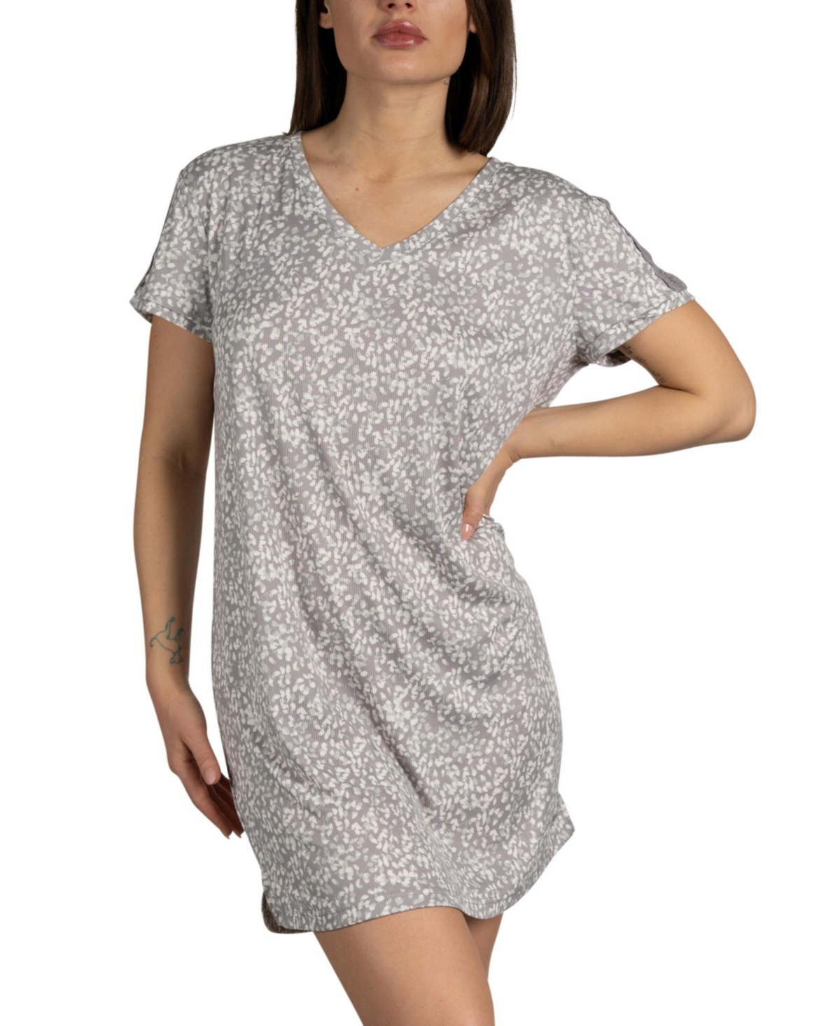 Women's Short Sleeve V-Neck Ribbed Nightshirt with Lace Sleeve - Pink glass soft leopard