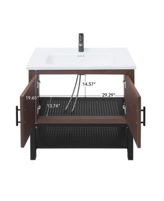32" Bathroom Vanity with White Ceramic Sink & Faucet,Freestanding Bathroom Cabinet with 2 Storage Doors and Open iron Shelf