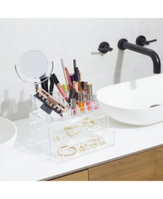 Clear Makeup Organizer with Vanity Mirror, 15 Easily Sort Compartments & 2 Drawers, Acrylic Compact Makeup Organizer for Cosmetics & Jewelry