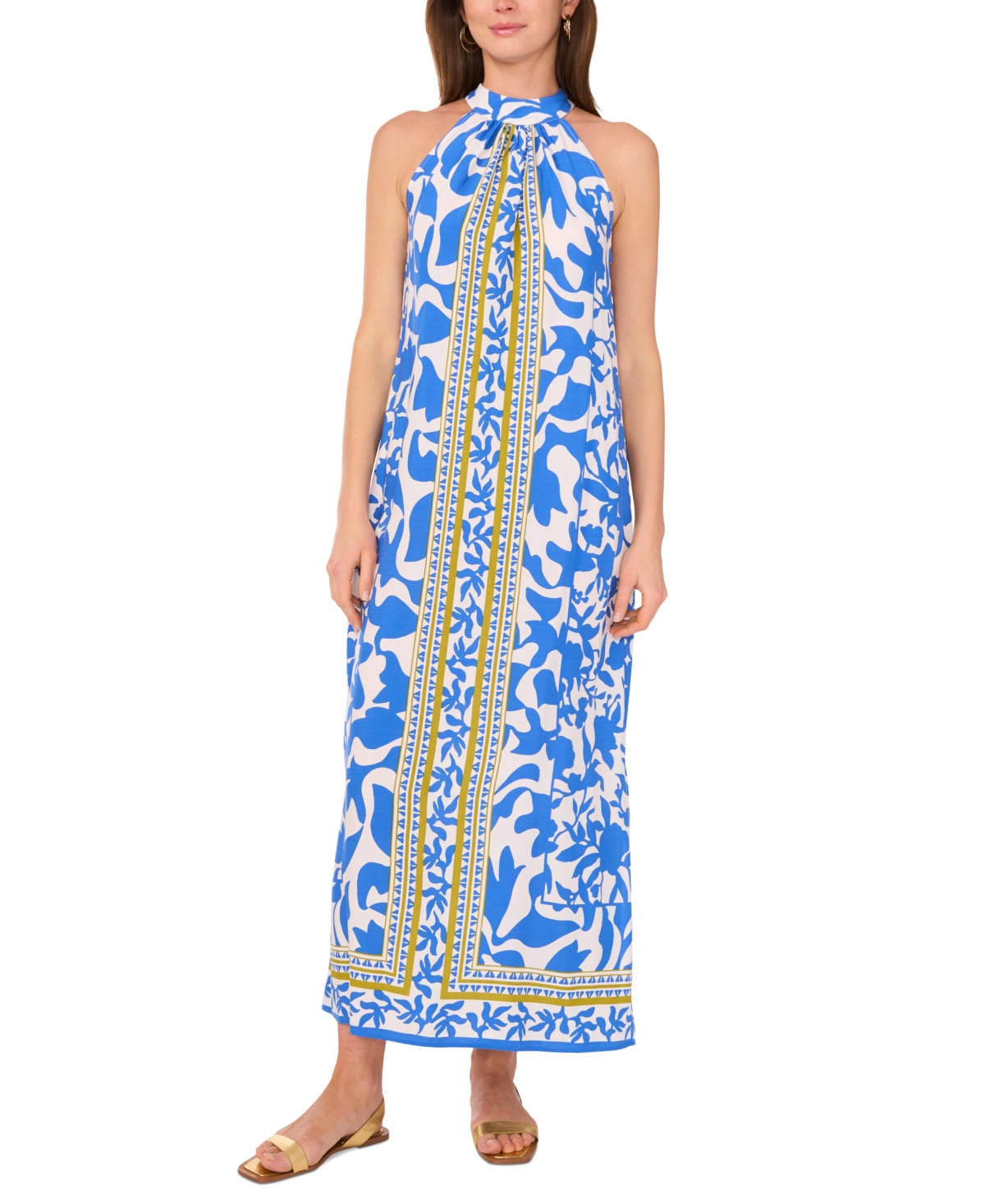 Shop Vince Camuto Women's Border-print Sleeveless Halter Maxi Dress In True Blue