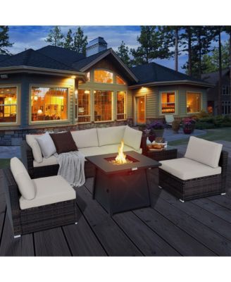 7PCS Rattan Patio Sectional Furniture Set with 30'' Fire Pit Table & Cushion