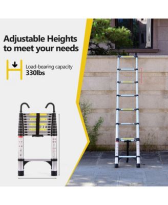 Telescopic ladder, 9.5 foot aluminum button telescopic ladder with 2 triangular stabilizers and hooks, multi-purpose ladder, maximum load-bearing capacity of 330 pounds,suitable  for industrial
