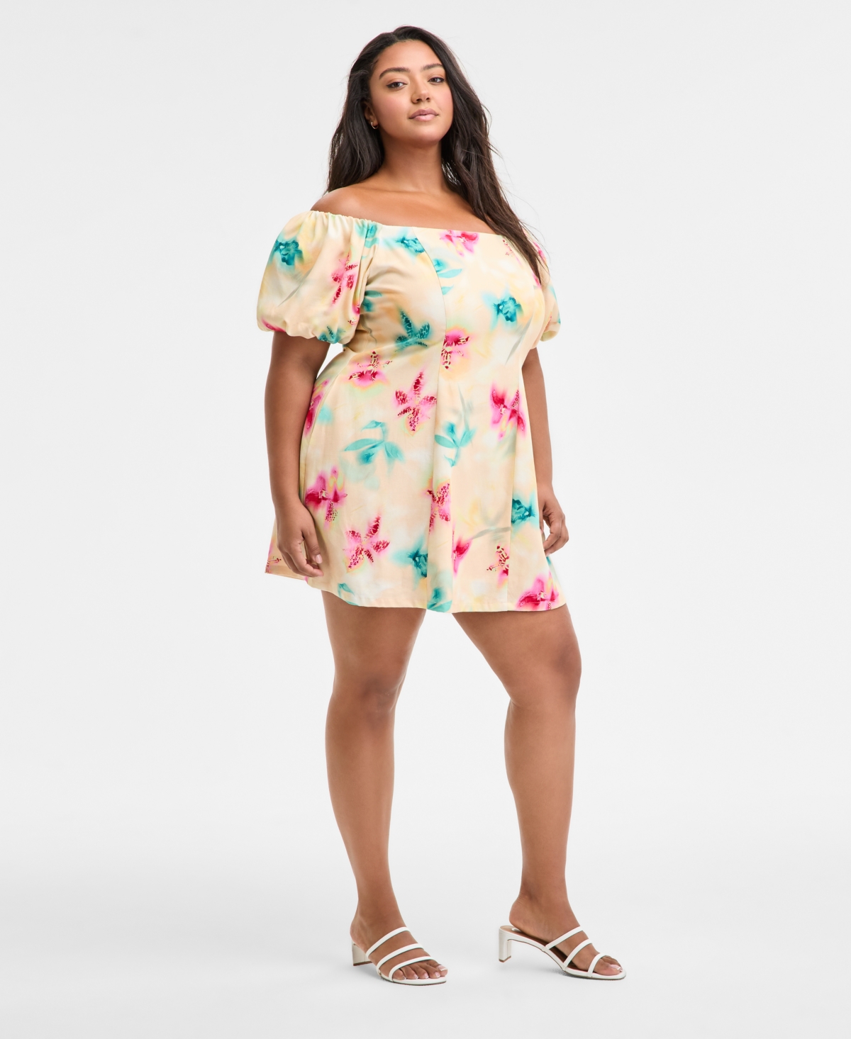 Bar Iii Trendy Plus Size Printed Off-the-shoulder Dress, Exclusively At Macy's