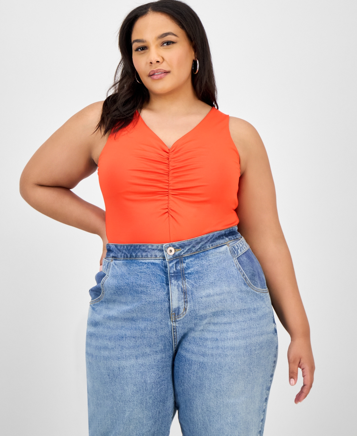 Trendy Plus Size Ruched V-Neck Tank Top, Exclusively at Macy's - Black