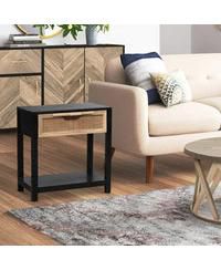 Mango Wood Side Table – Rattan Drawer & Open Shelf Storage