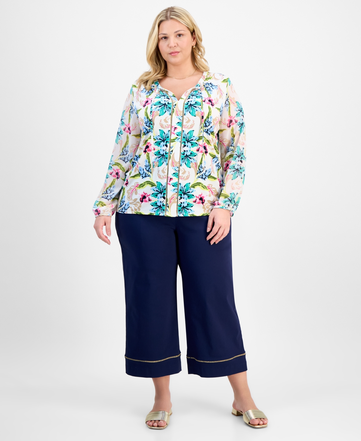 JM COLLECTION PLUS SIZE PRINTED MIXED-MEDIA TOP, EXCLUSIVELY AT MACY'S 