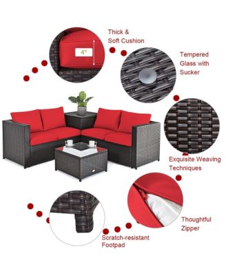 5PCS Patio Rattan Furniture Set Fire Pit Table w/ Cover Storage Cushion