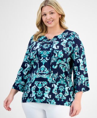 JM Collection - Plus Size Printed Lace-Up Split-Neck Top