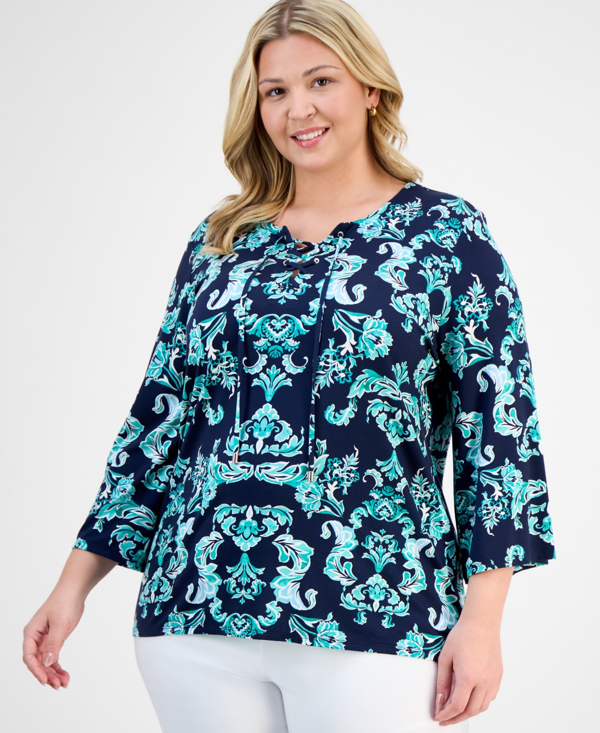 Jm Collection Plus Size Printed Lace-up Split-neck Top, Exclusively At Macy's