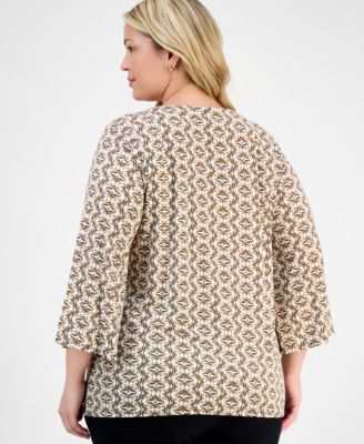 Plus Size Printed Lace-Up Split-Neck Top