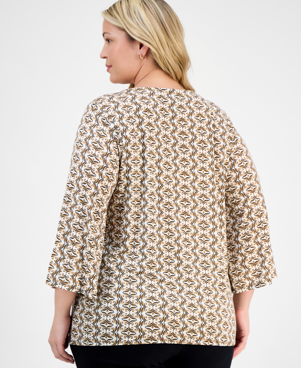 JM COLLECTION PLUS SIZE PRINTED LACE-UP SPLIT-NECK TOP, EXCLUSIVELY AT MACY'S 