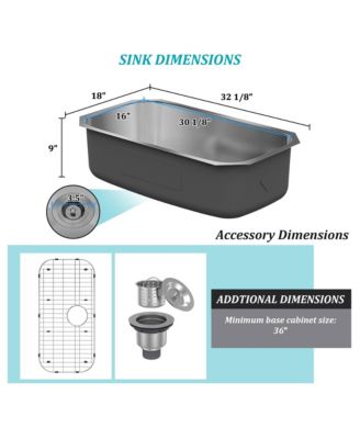 32" 18-Gauge Brushed Stainless Steel Single-Groove Sink with Drain Grid and Drainer for Under-Table Installation
