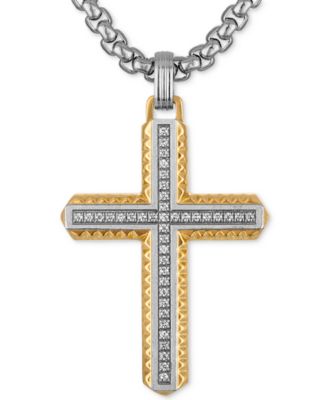 Esquire Men's Jewelry - Diamond Cross 22" Pendant Necklace (1/5 ct. t.w.) in Stainless Steel & Yellow Gold-Tone Ion-Plated Stainless Steel