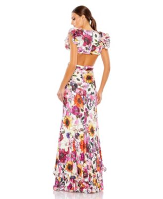 Women's Floral Print Ruffle Shoulder Cut Out Gown