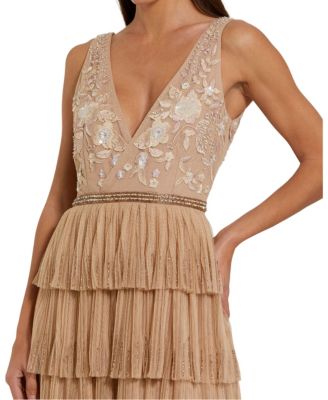 Women's Beaded Mesh V Neck Gown With Tiered Ruffles