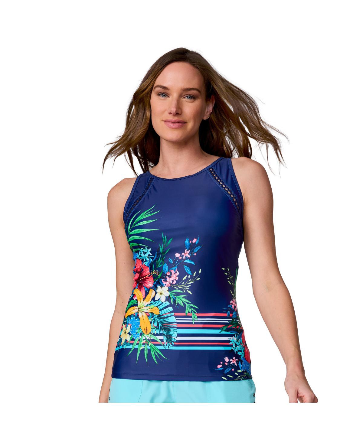 Women's High Neck Tankini Top - Marine seashore blossom