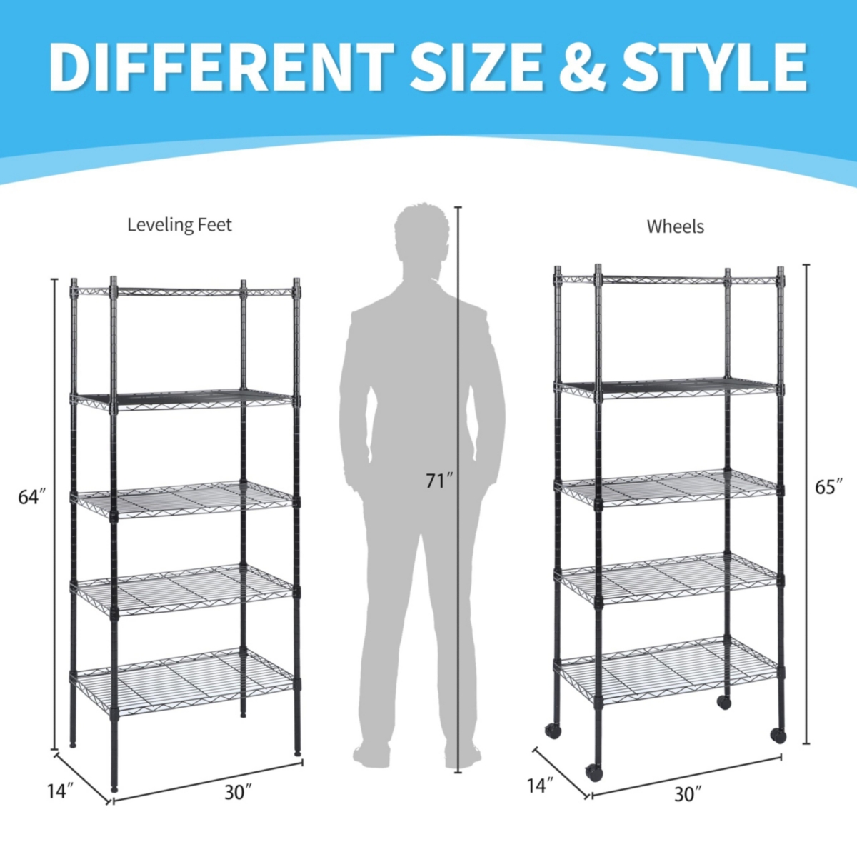 Heavy Duty 5-Tier Shelving Units Adjustable, Wire Shelf with 1000 lbs Capacity (250 per Shelf), 30 "D x 14" W x 65 "H, Black, 5 Levels,