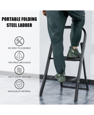 3 Step Folding Ladder with Handrails 500 lb Capacity Steel Frame Step Stool Tool Bag Wide Pedal
