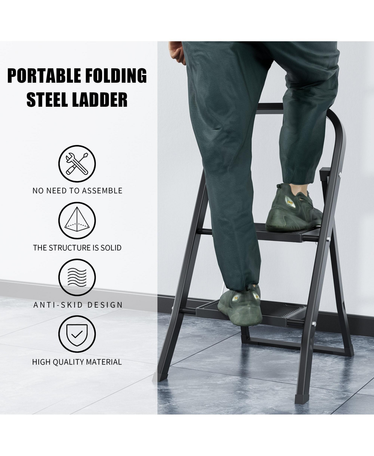 2 Step Ladder, Step Stool for Adults, Folding Step Stool with Wide Anti-Slip Pedal, Sturdy Steel Ladder