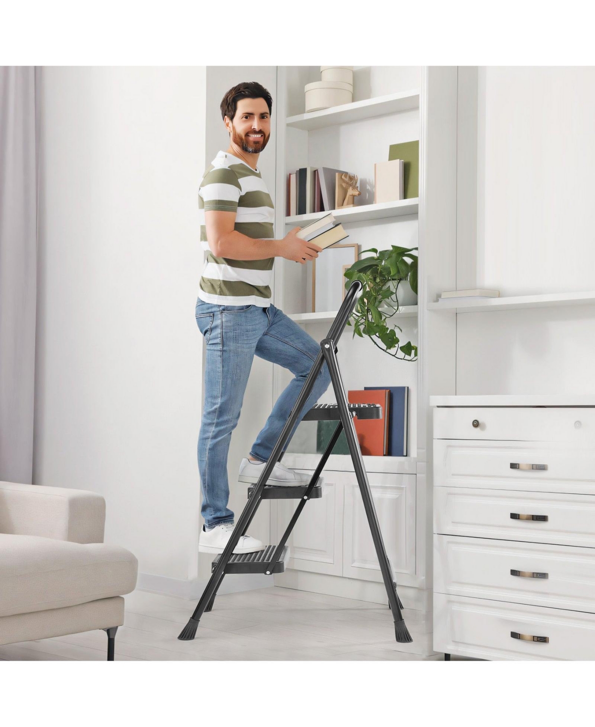 3 Non-slip step ladder, quick folding steel ladder Sturdy metal supported household tools for home/office work at altitude, portable step tools