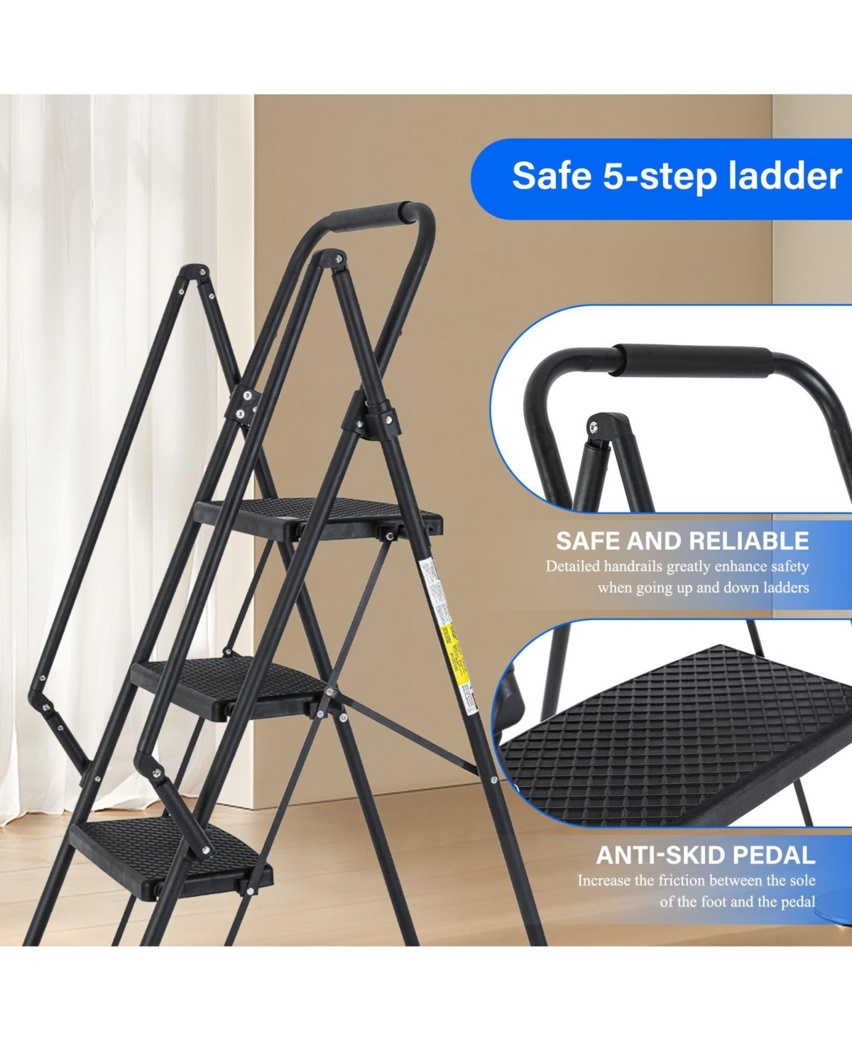 5-Step Steel Folding Step Stool Ladder with Wide Anti Slip Pedal and Safety Handle, Black