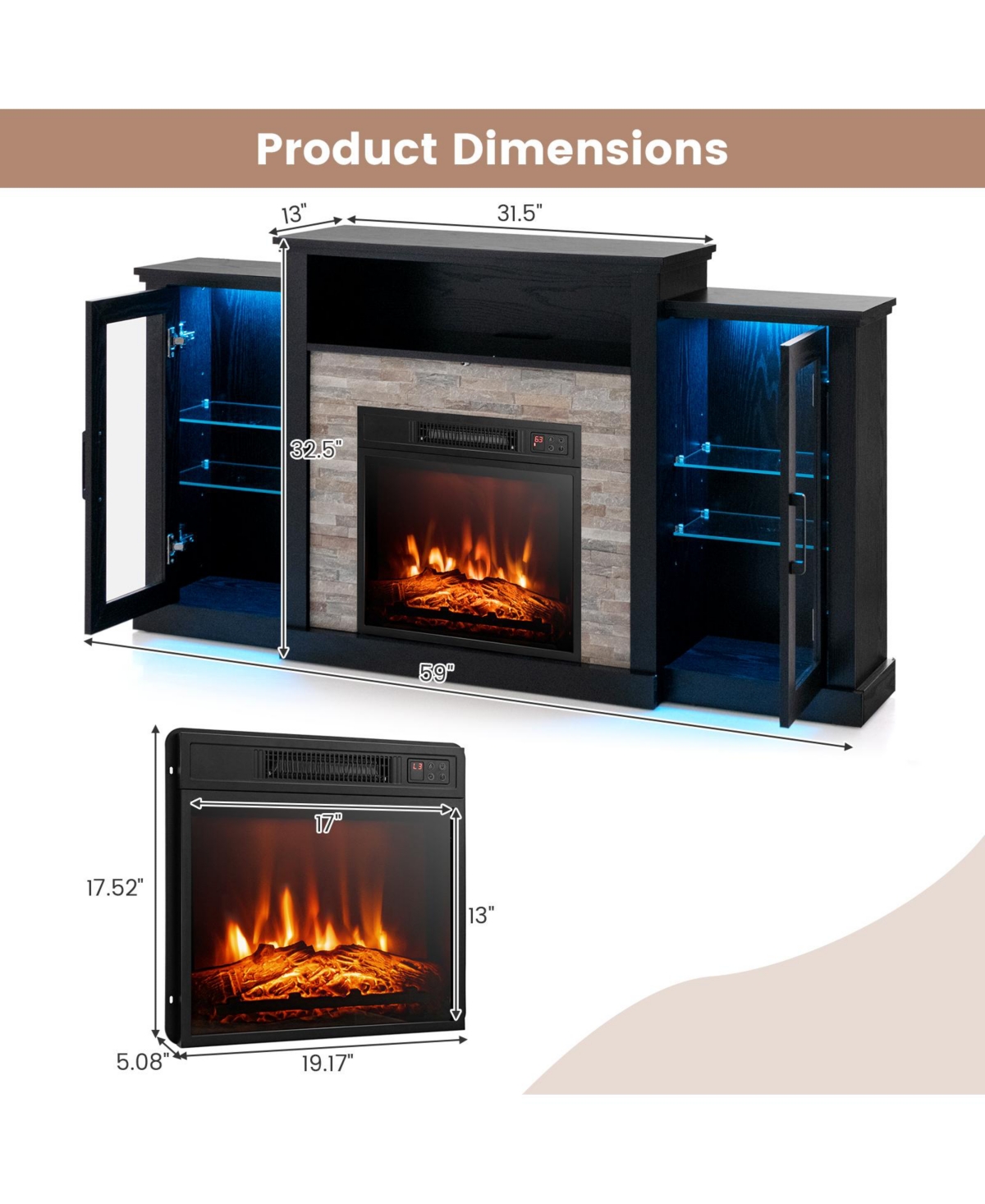 Fireplace Tv Stand with 16-Color Led Lights for TVs up to 65 Inch