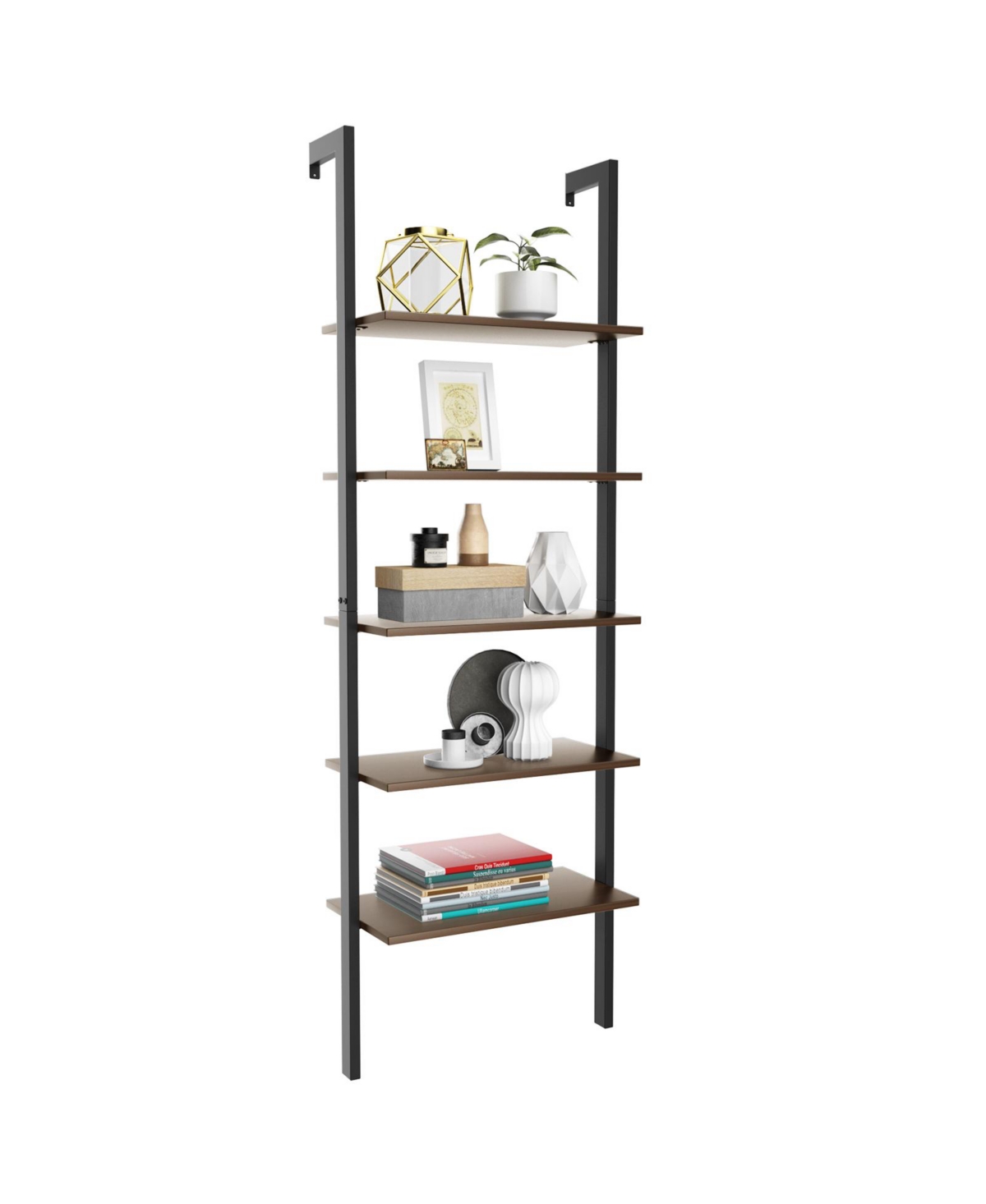 5-Tier Wood Look Ladder Shelf with Metal Frame for Home - Black